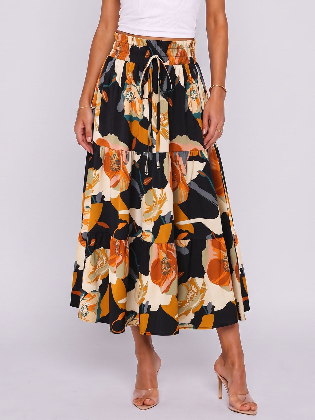 Boho Floral Print Ruffle High Waist Resort Tiered A Line Midi Skirt