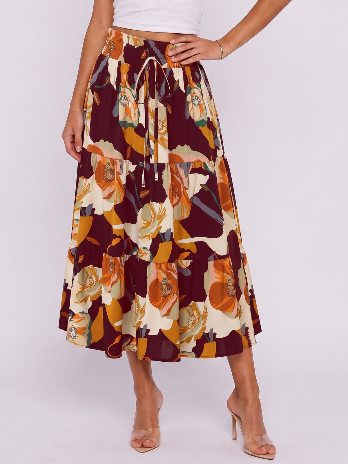Boho Floral Print Ruffle High Waist Resort Tiered A Line Midi Skirt
