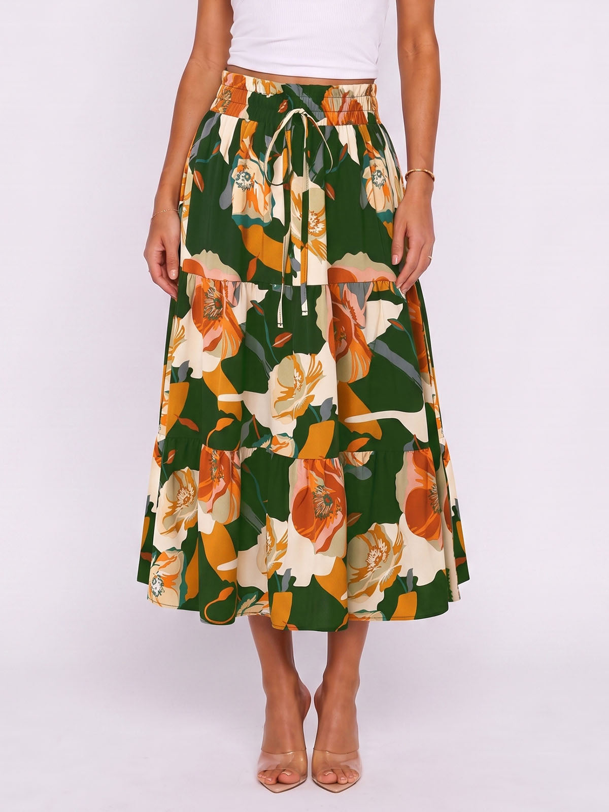 Boho Floral Print Ruffle High Waist Resort Tiered A Line Midi Skirt