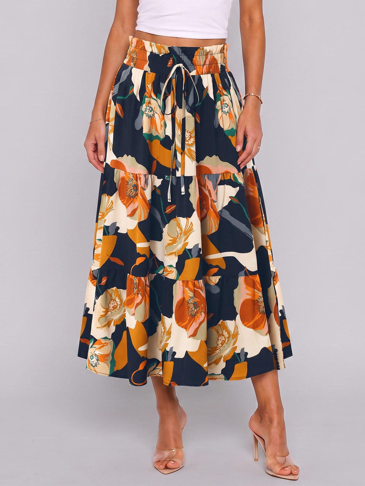 Boho Floral Print Ruffle High Waist Resort Tiered A Line Midi Skirt