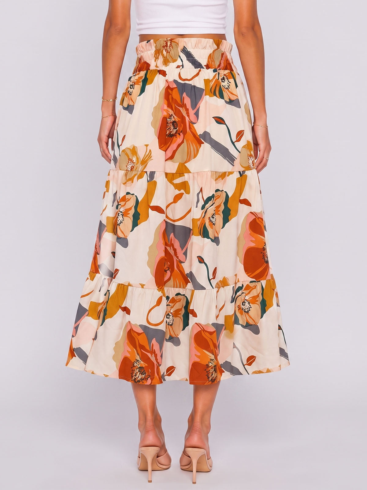 Boho Floral Print Ruffle High Waist Resort Tiered A Line Midi Skirt
