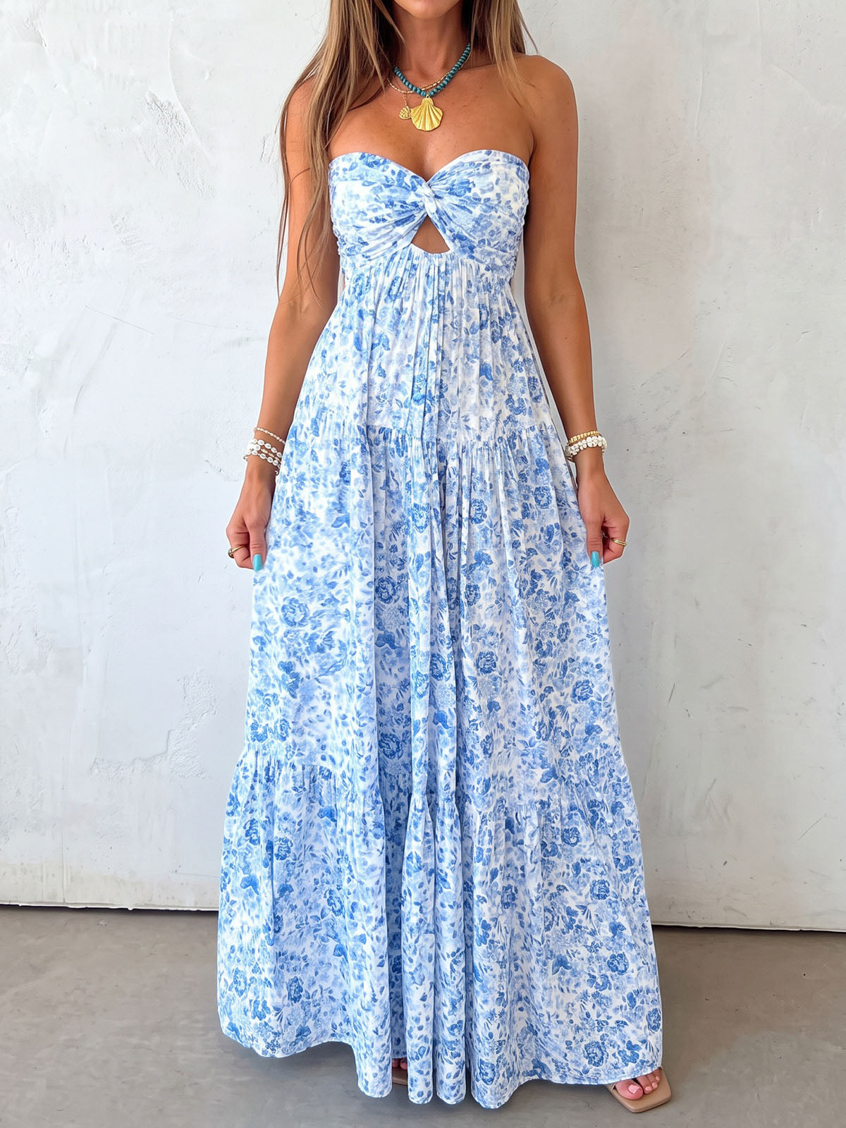 Boho Floral Twisted Strapless Empire Waist Resort Babydoll Maxi Dress