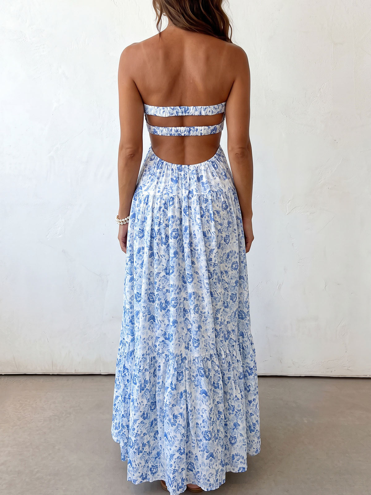 Boho Floral Twisted Strapless Empire Waist Resort Babydoll Maxi Dress