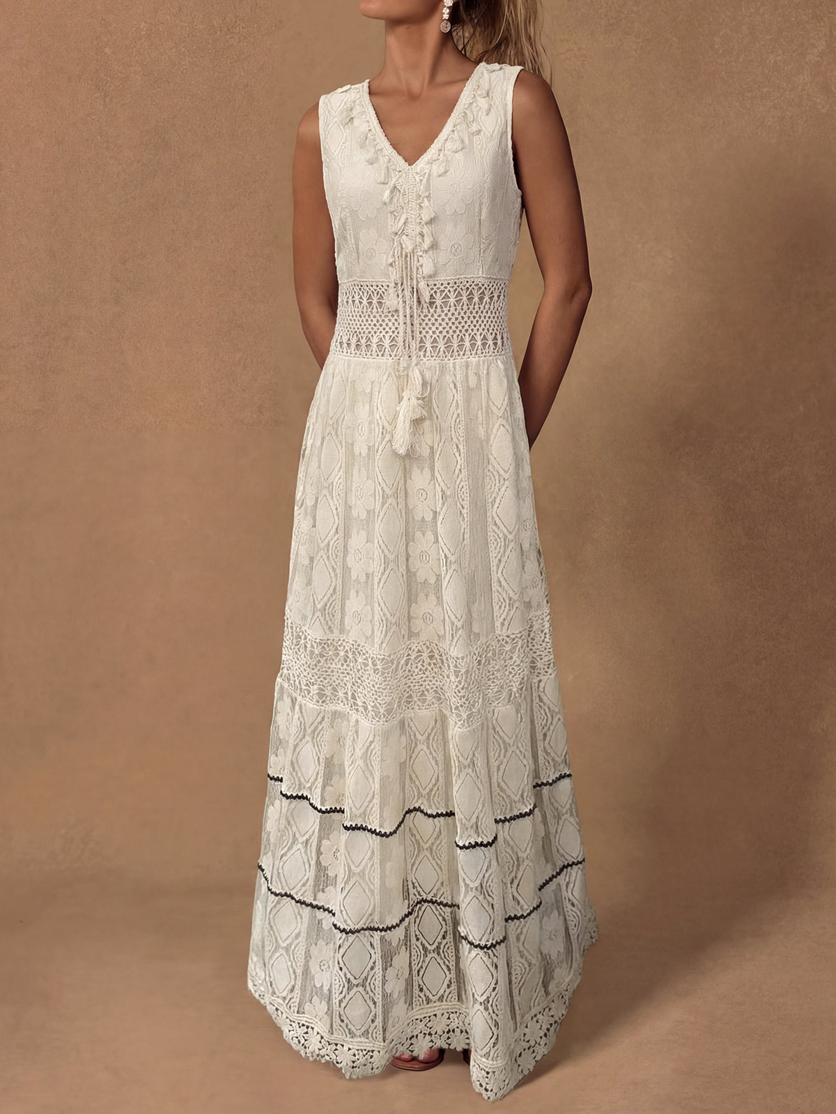 Boho Fringe V Neck Crochet Floral Lace Resort Sleeveless Maxi Dress
