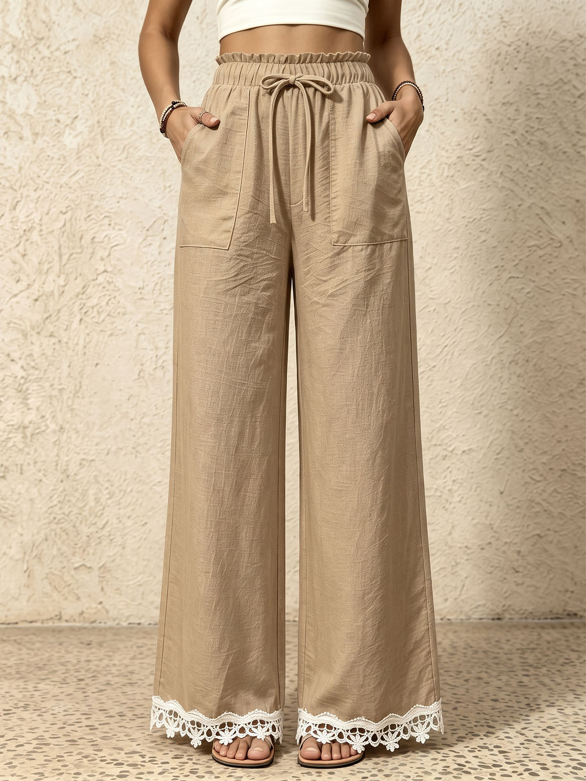 Boho Front Tie High Waist Pocket Trim Lace Trim Wide Leg Resort Pants