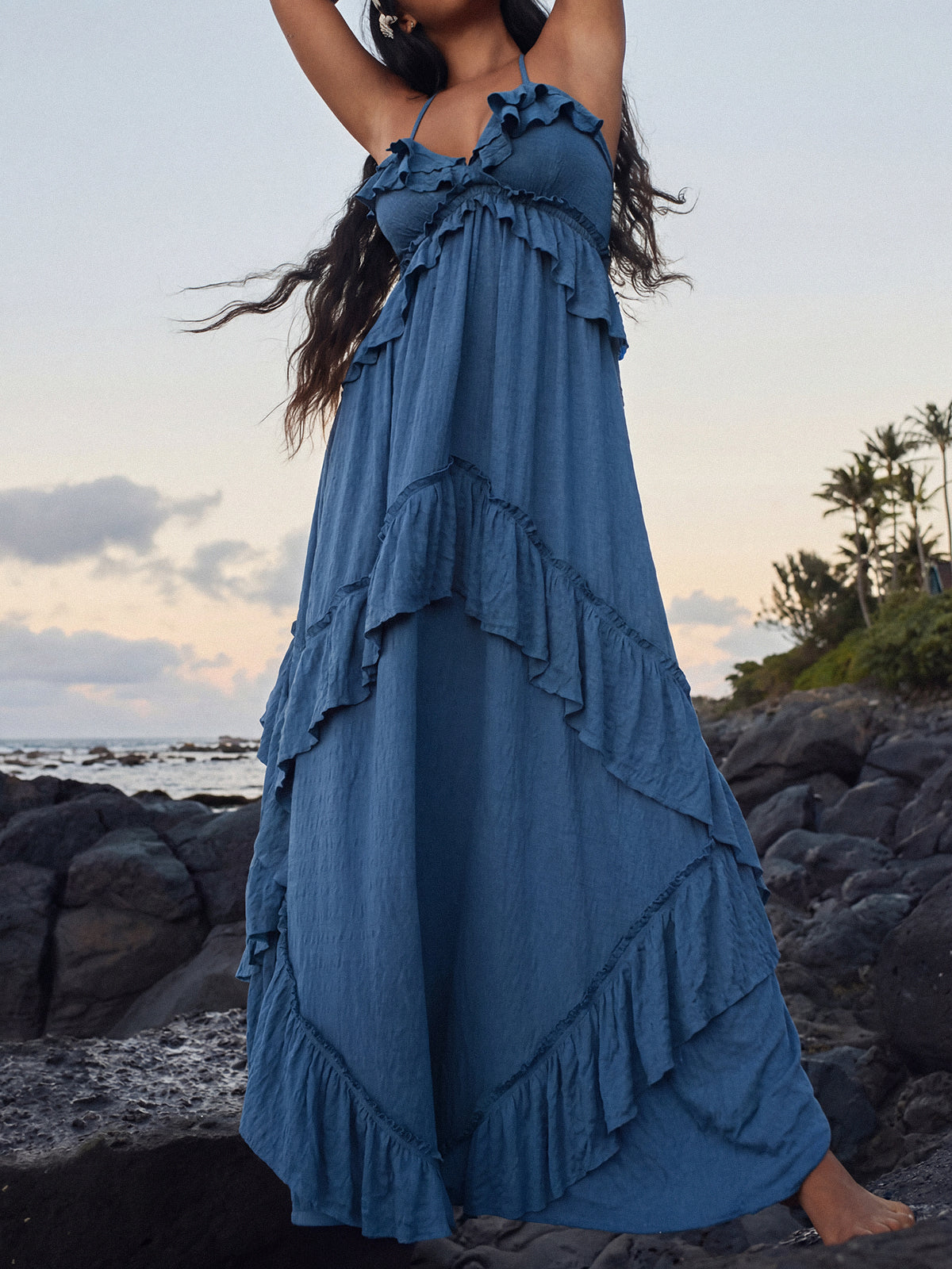 Boho Halter Tie Back Tiered Ruffle Resort Crinkled Babydoll Maxi Dress