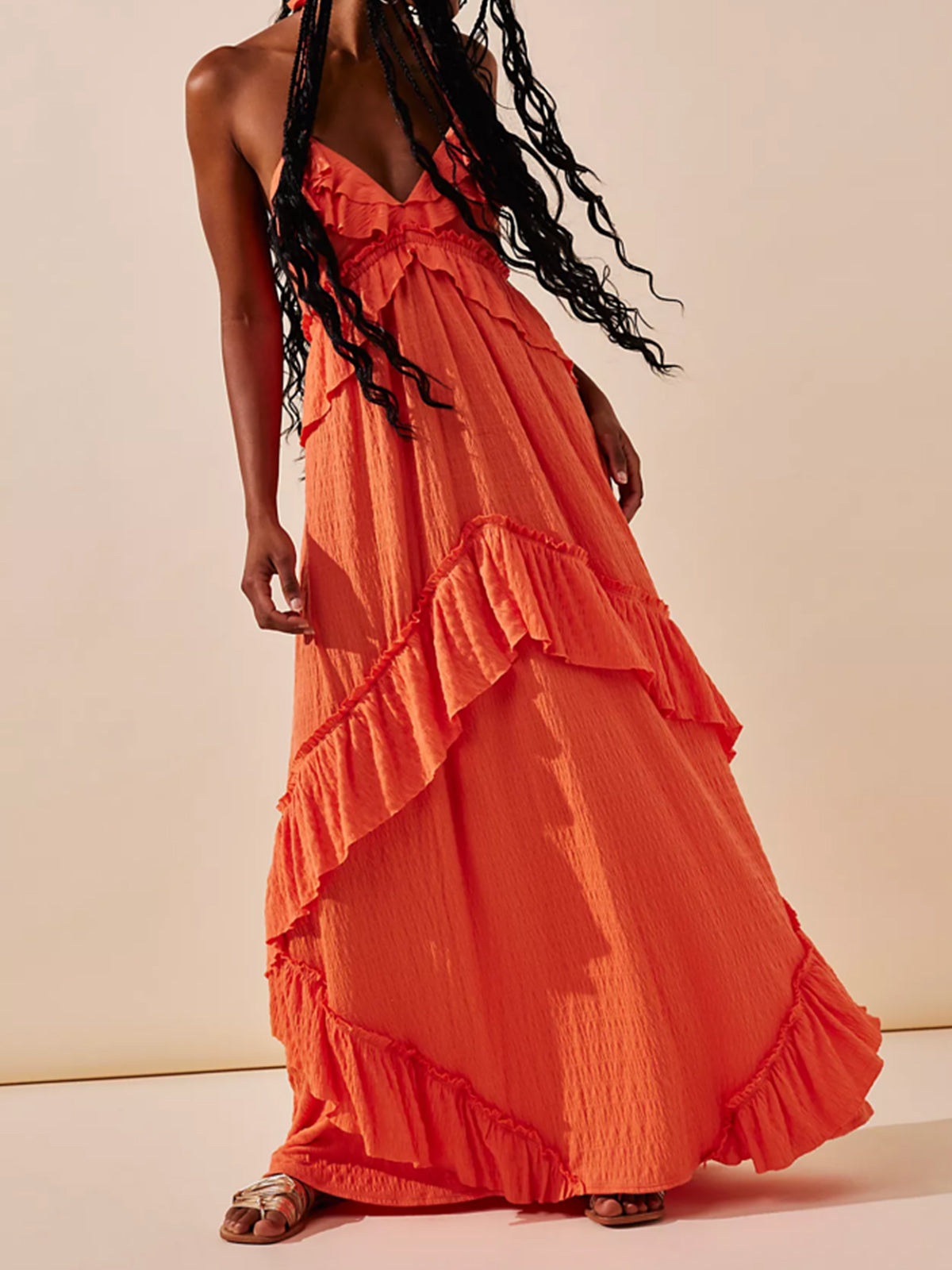 Boho Halter Tie Back Tiered Ruffle Resort Crinkled Babydoll Maxi Dress