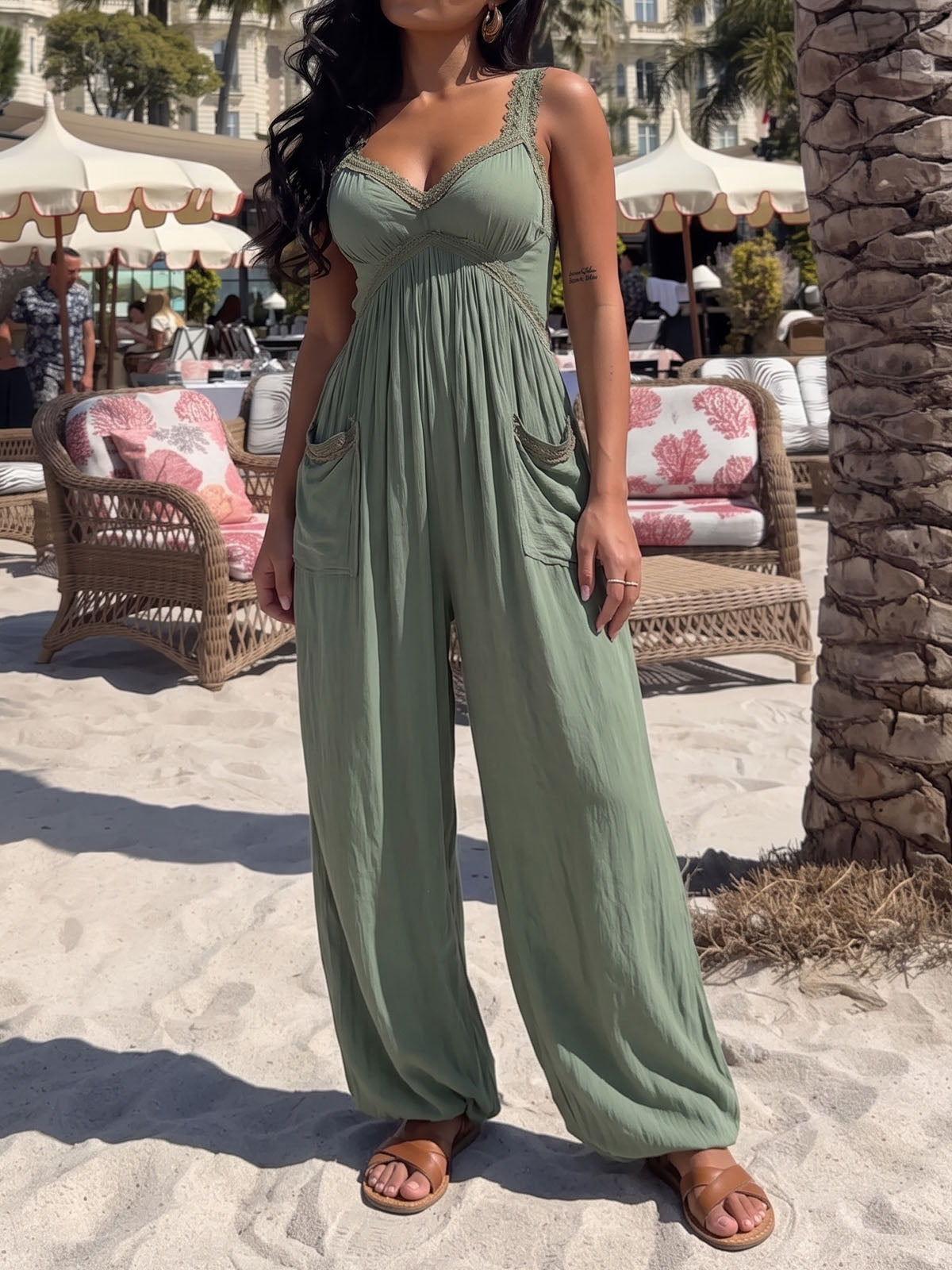 Boho Laced Empire Waist Sleeveless Pocket Resort Balloon Leg Jumpsuit