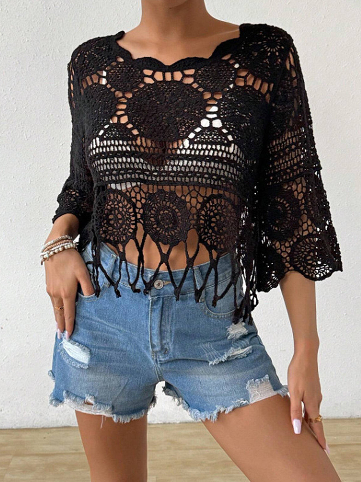 Boho Scalloped Neck Elbow Sleeve Fringe Crochet Knit Cover Up Top