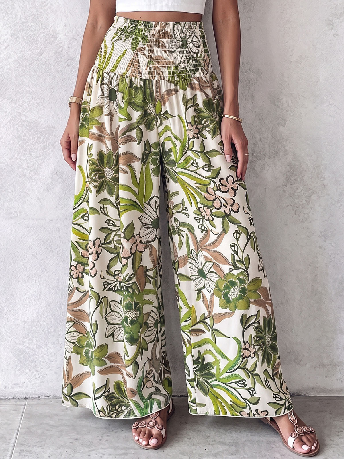 Boho Smocked High Waist Tropical Print Wide Leg Resort Palazzo Pants