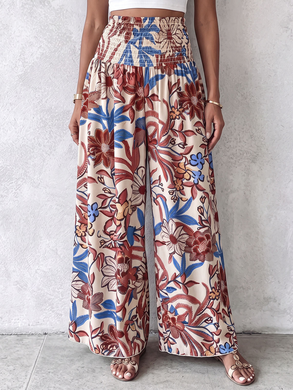 Boho Smocked High Waist Tropical Print Wide Leg Resort Palazzo Pants