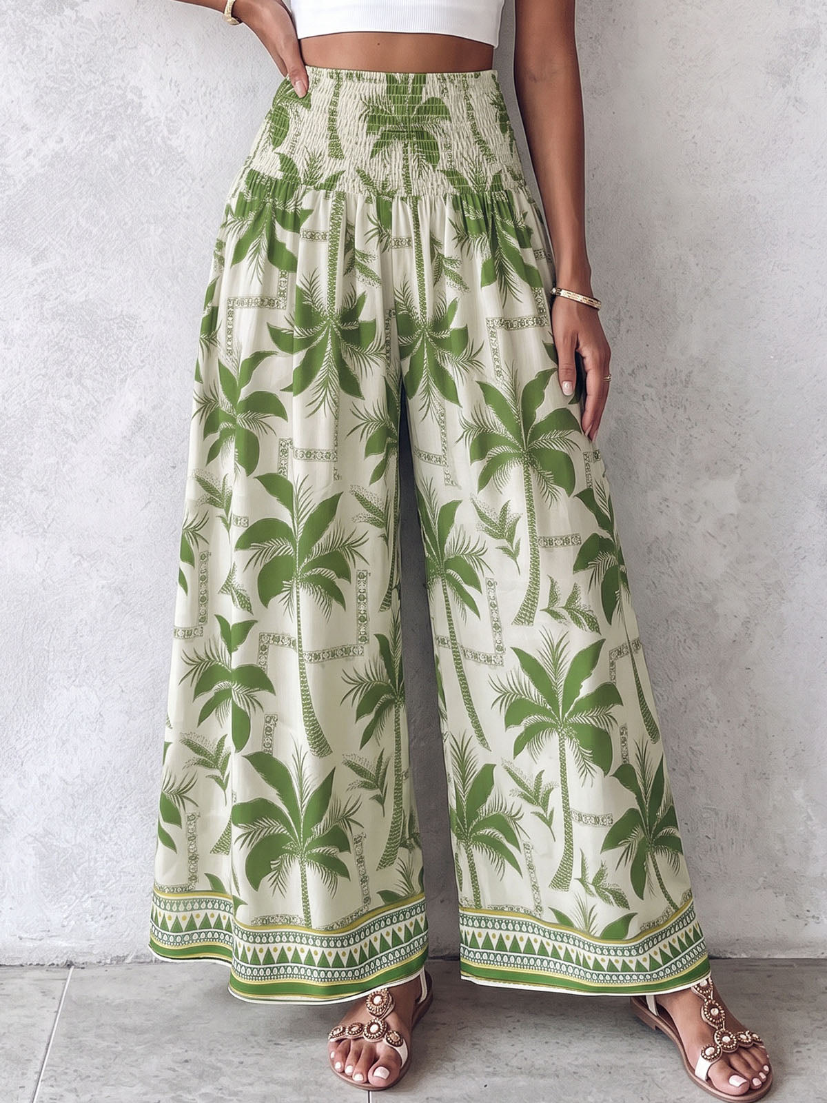 Boho Smocked High Waist Tropical Print Wide Leg Resort Palazzo Pants