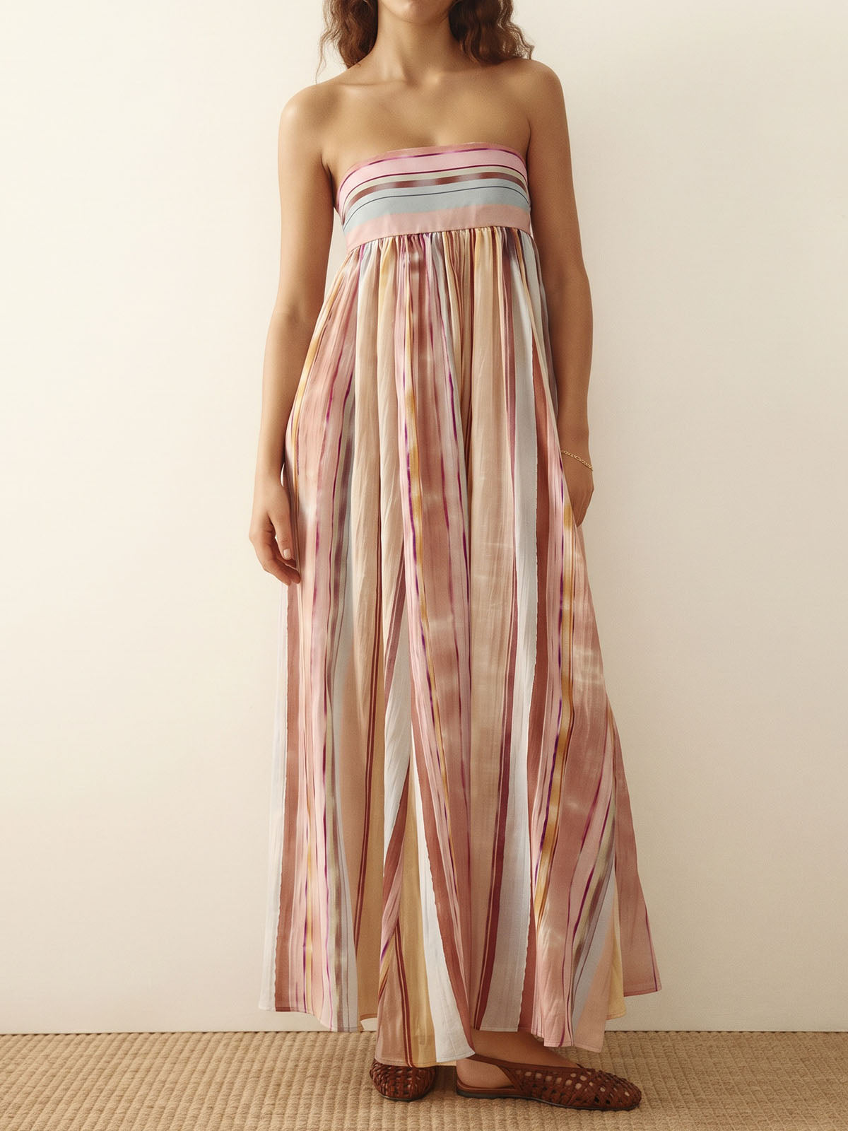 Boho Strapless Empire Waist Smocked Back Resort Striped Maxi Dress