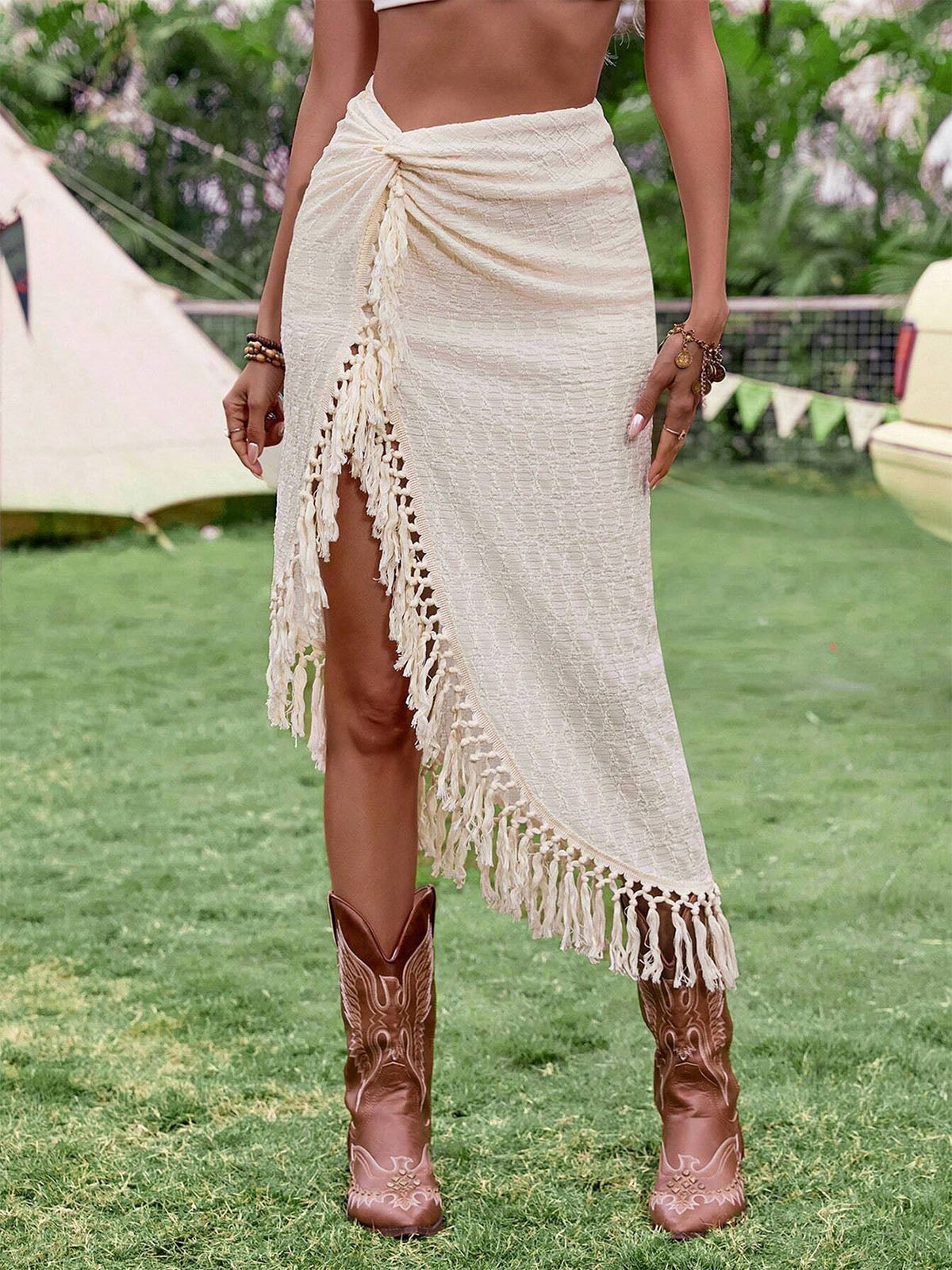 Boho Twist Ruched High Waist Resort Slit Macrame Fringe Midi Skirt