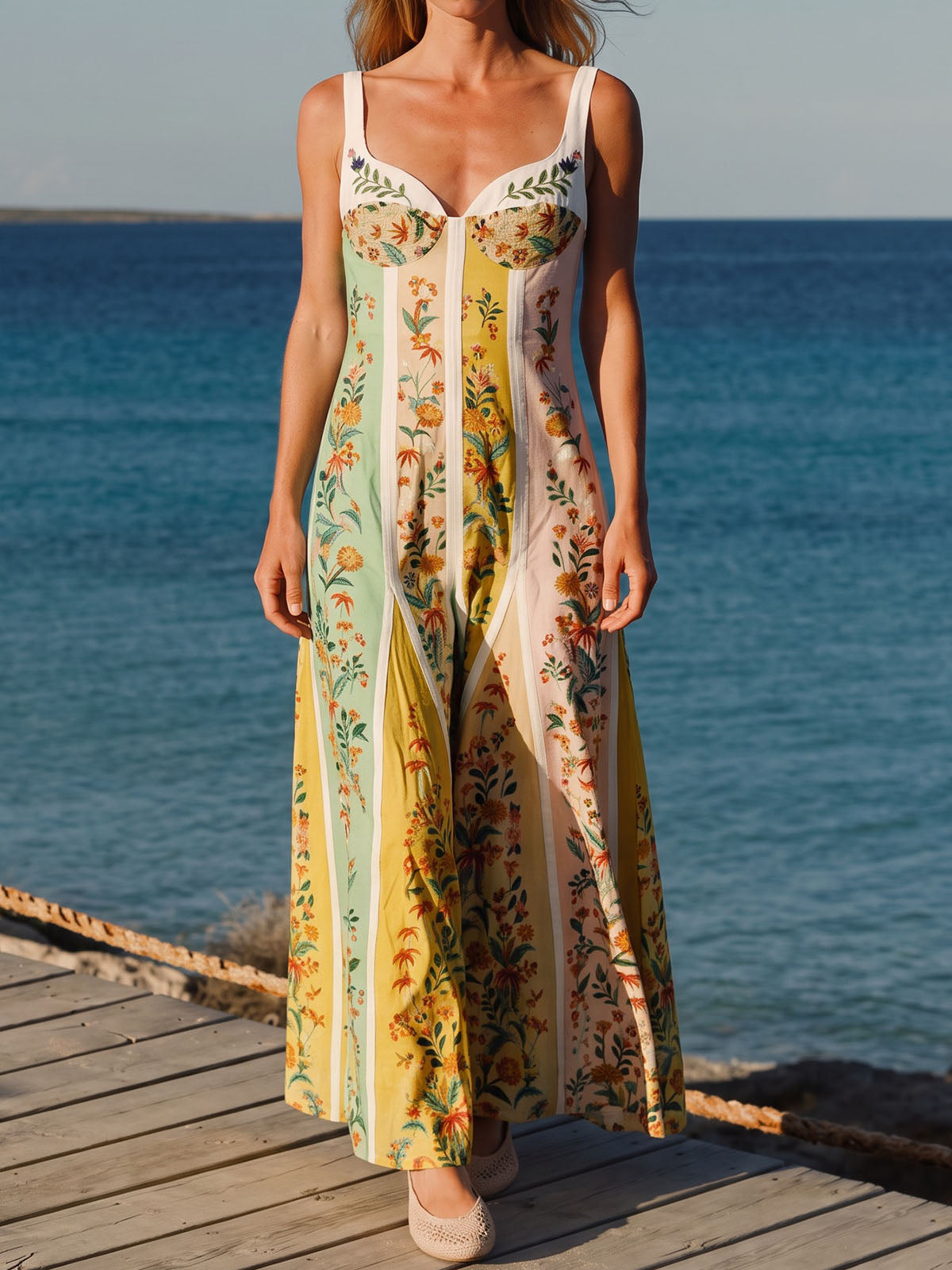 Boho V Neck Multicolor Floral Print Resort Sleeveless Godet Midi Dress