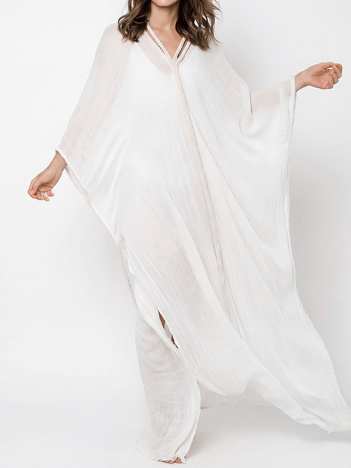 Braided Rope V Neck Wide Sleeve Oversized Resort Kaftan Maxi Dress