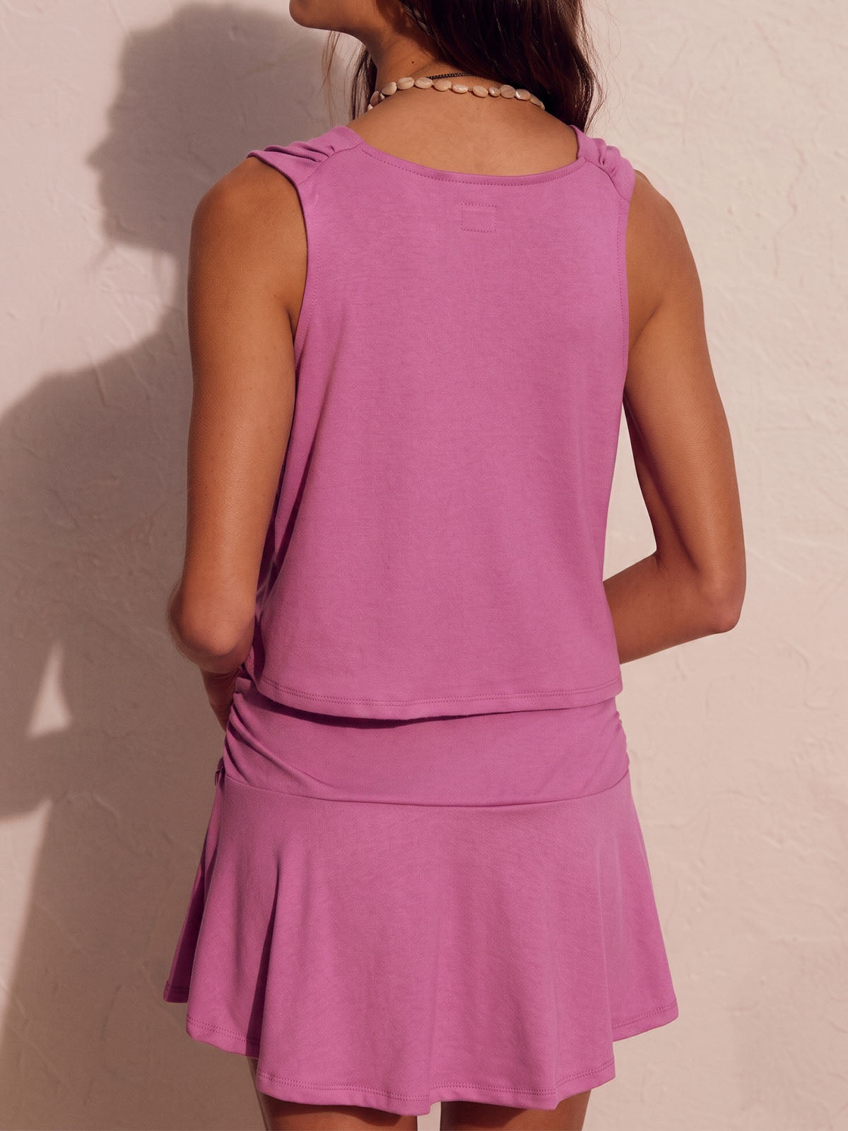Breezy Cowl Neck Tank Top Ruched Resort Two Piece Mini Skirt Set