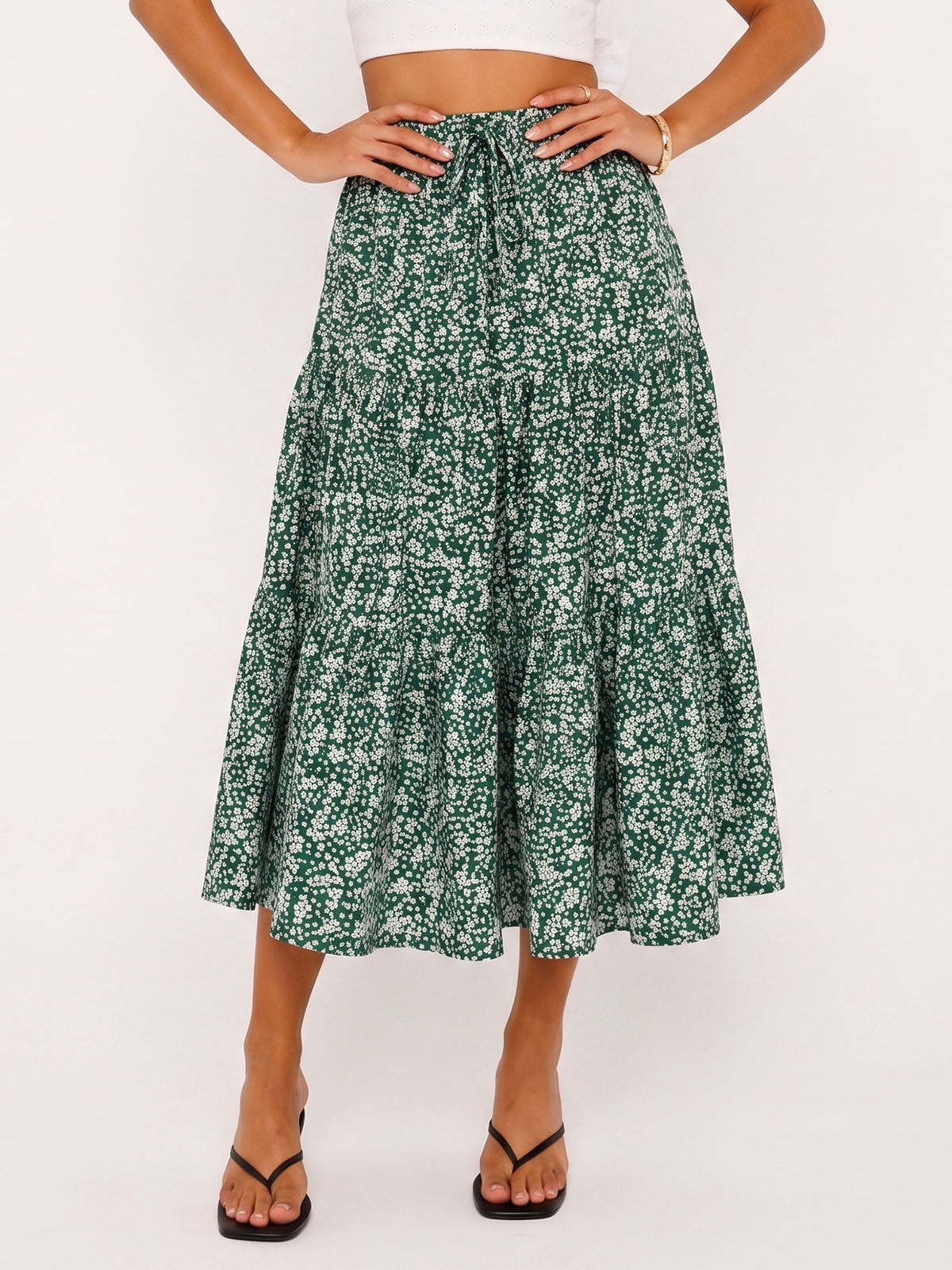 Breezy Floral Print Ruffle High Waist Resort Tiered A Line Midi Skirt