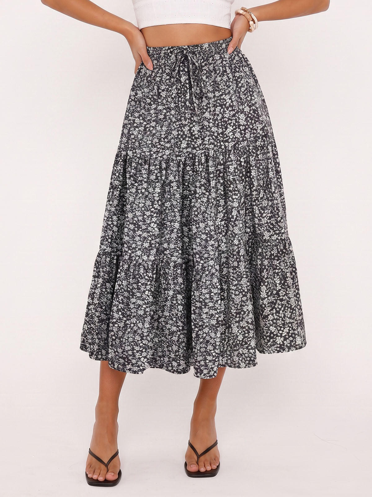 Breezy Floral Print Ruffle High Waist Resort Tiered A Line Midi Skirt