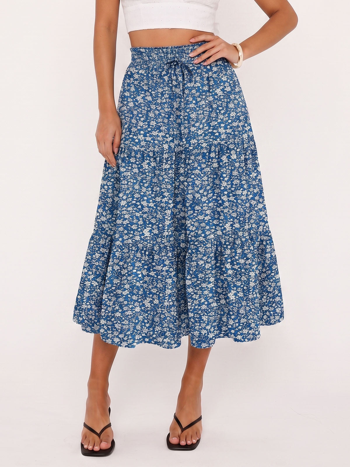 Breezy Floral Print Ruffle High Waist Resort Tiered A Line Midi Skirt
