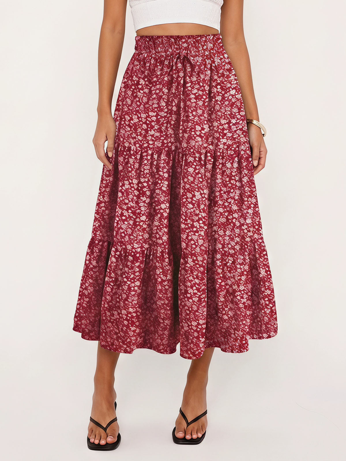 Breezy Floral Print Ruffle High Waist Resort Tiered A Line Midi Skirt