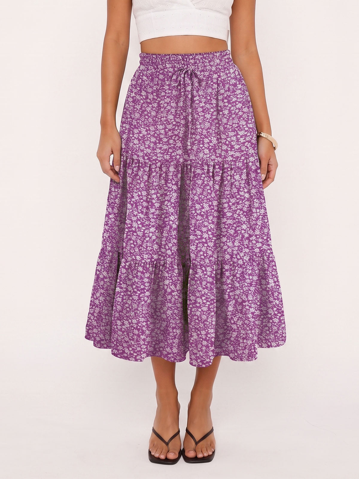 Breezy Floral Print Ruffle High Waist Resort Tiered A Line Midi Skirt