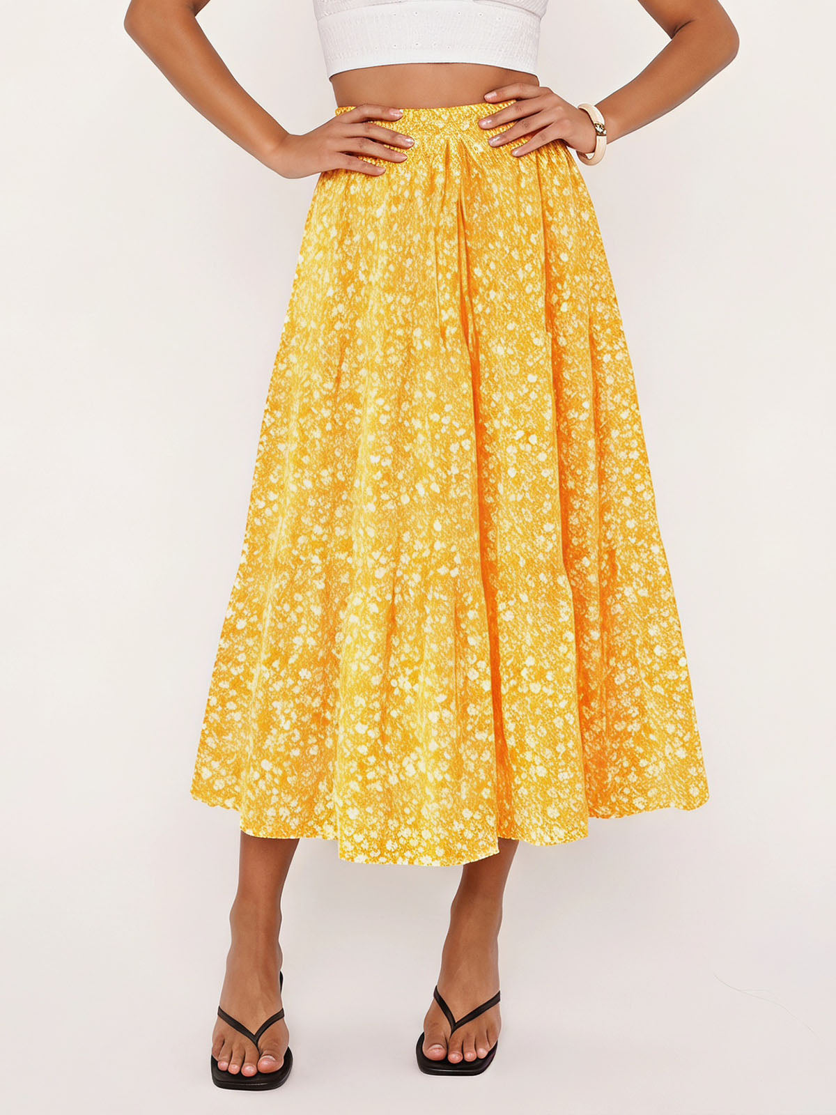Breezy Floral Print Ruffle High Waist Resort Tiered A Line Midi Skirt