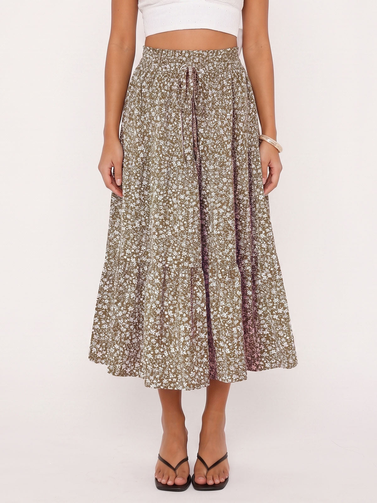 Breezy Floral Print Ruffle High Waist Resort Tiered A Line Midi Skirt