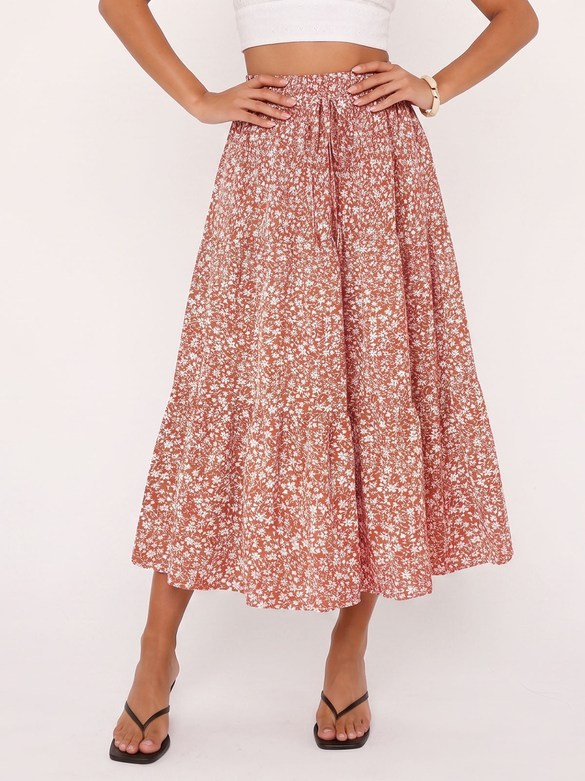 Breezy Floral Print Ruffle High Waist Resort Tiered A Line Midi Skirt