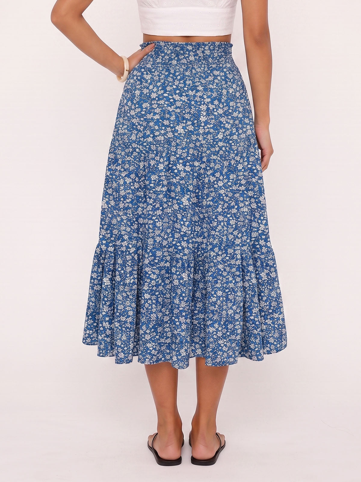 Breezy Floral Print Ruffle High Waist Resort Tiered A Line Midi Skirt