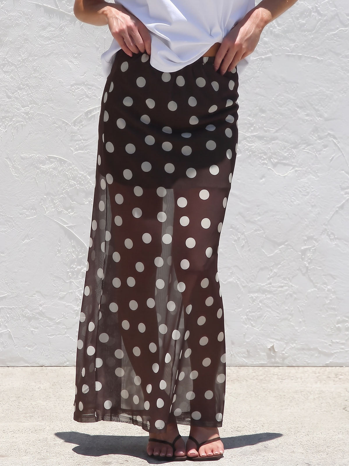 Breezy High Waist Resort Contrast Polka Dot Print Mesh Maxi Skirt