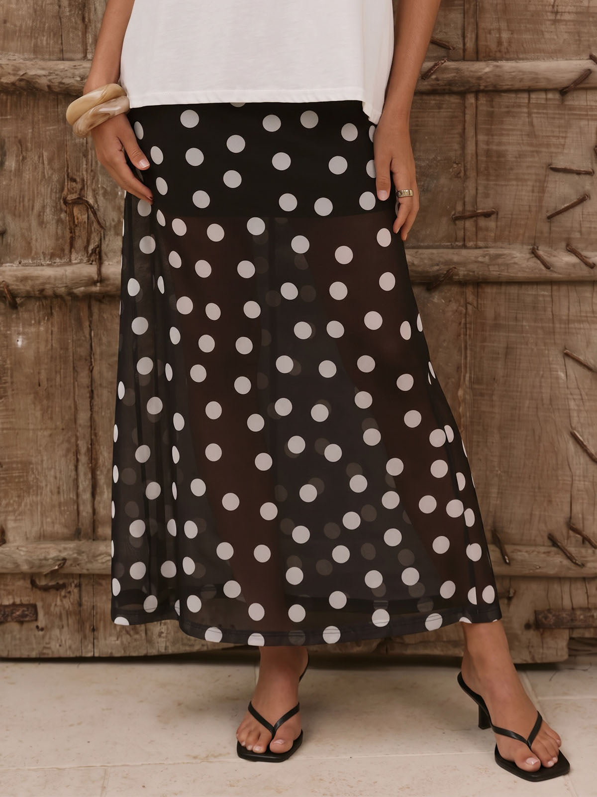 Breezy High Waist Resort Contrast Polka Dot Print Mesh Maxi Skirt