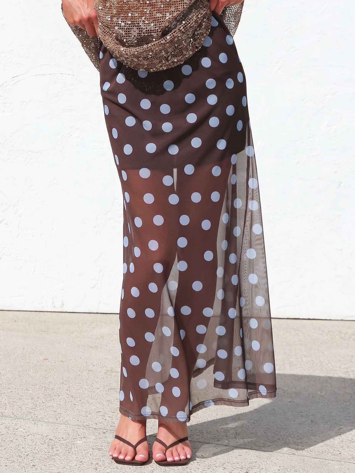 Breezy High Waist Resort Contrast Polka Dot Print Mesh Maxi Skirt