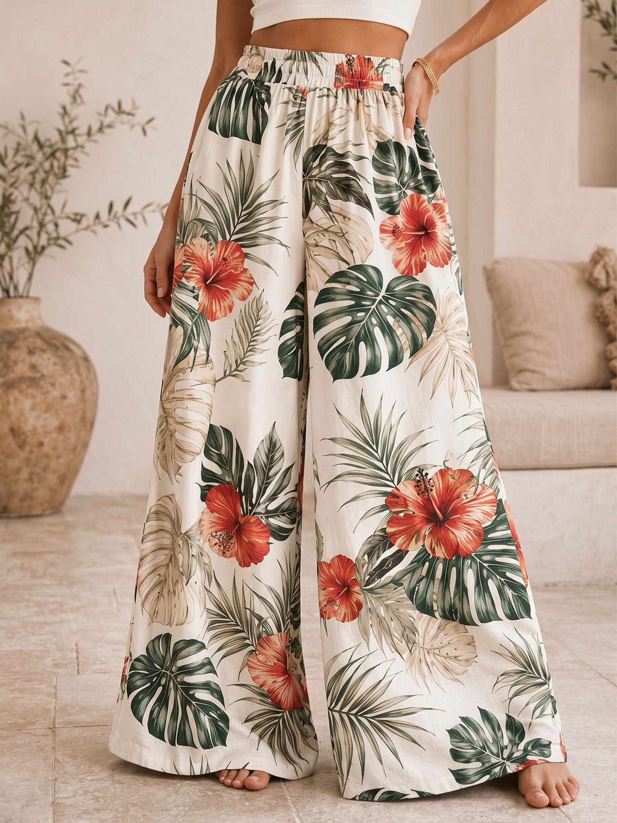 Breezy High Waist Wide Leg Tropical Print Resort Palazzo Pants