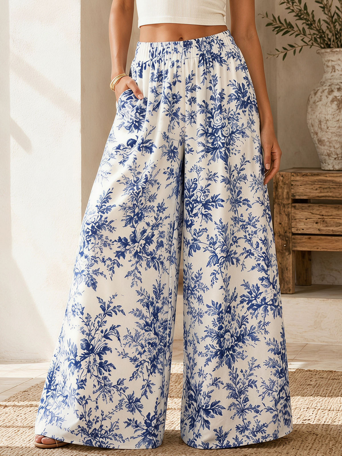 Breezy High Waist Wide Leg Tropical Print Resort Palazzo Pants