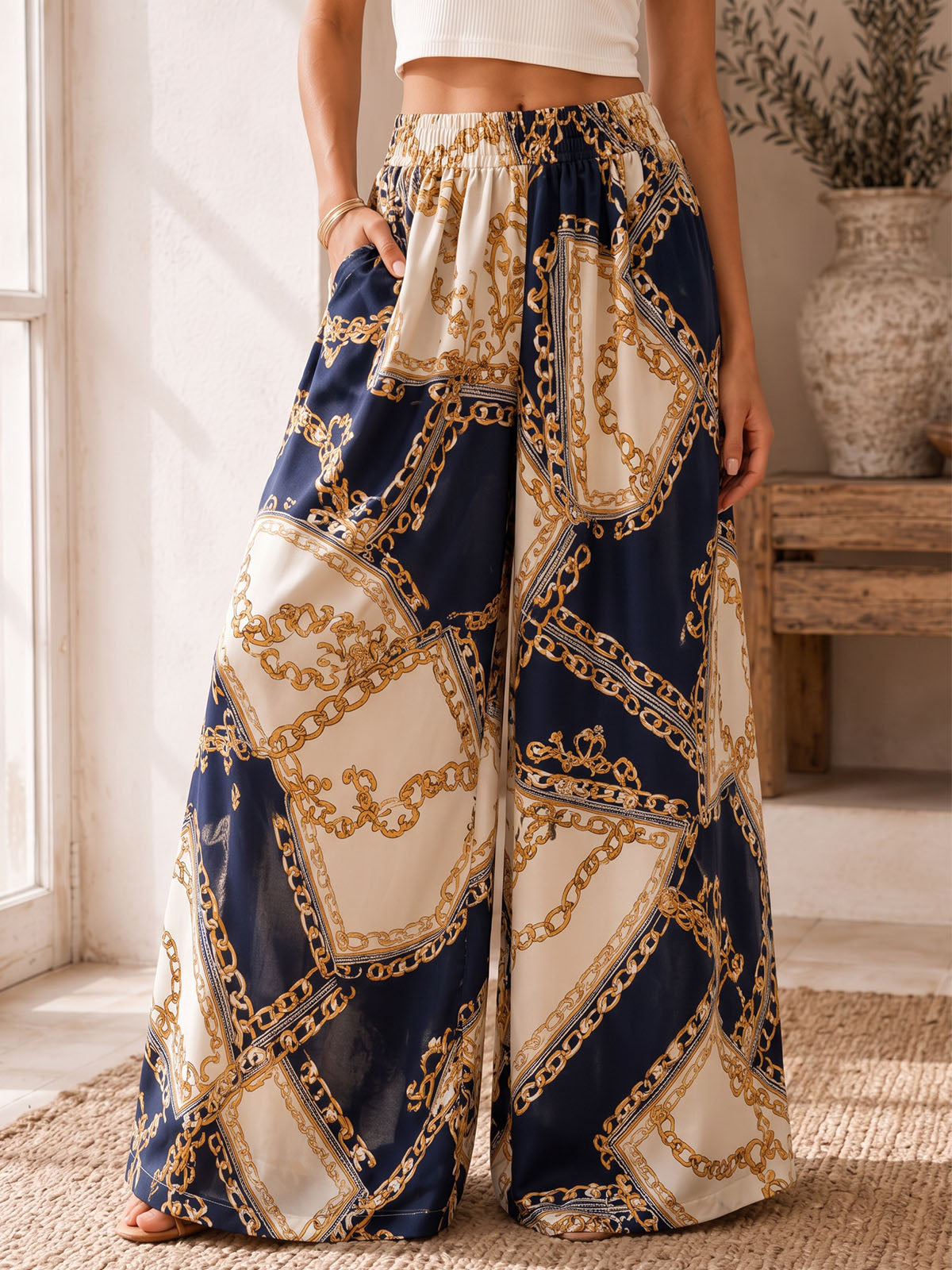 Breezy High Waist Wide Leg Tropical Print Resort Palazzo Pants