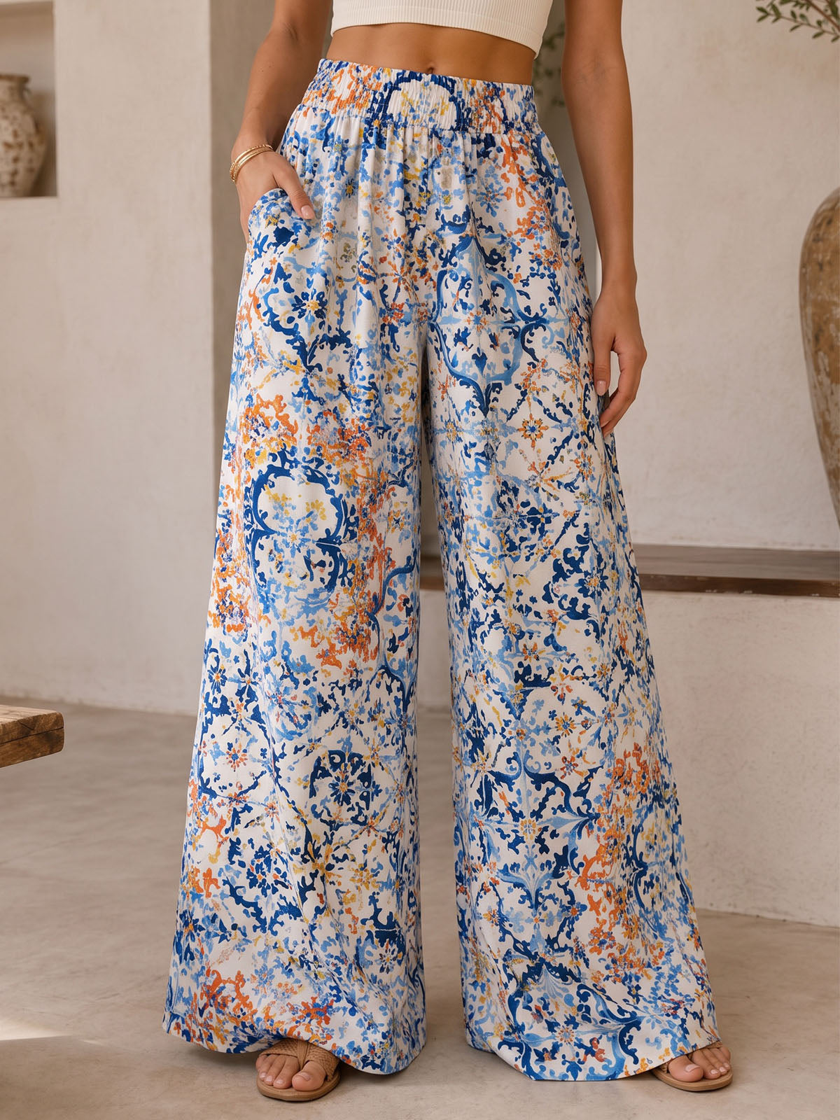 Breezy High Waist Wide Leg Tropical Print Resort Palazzo Pants