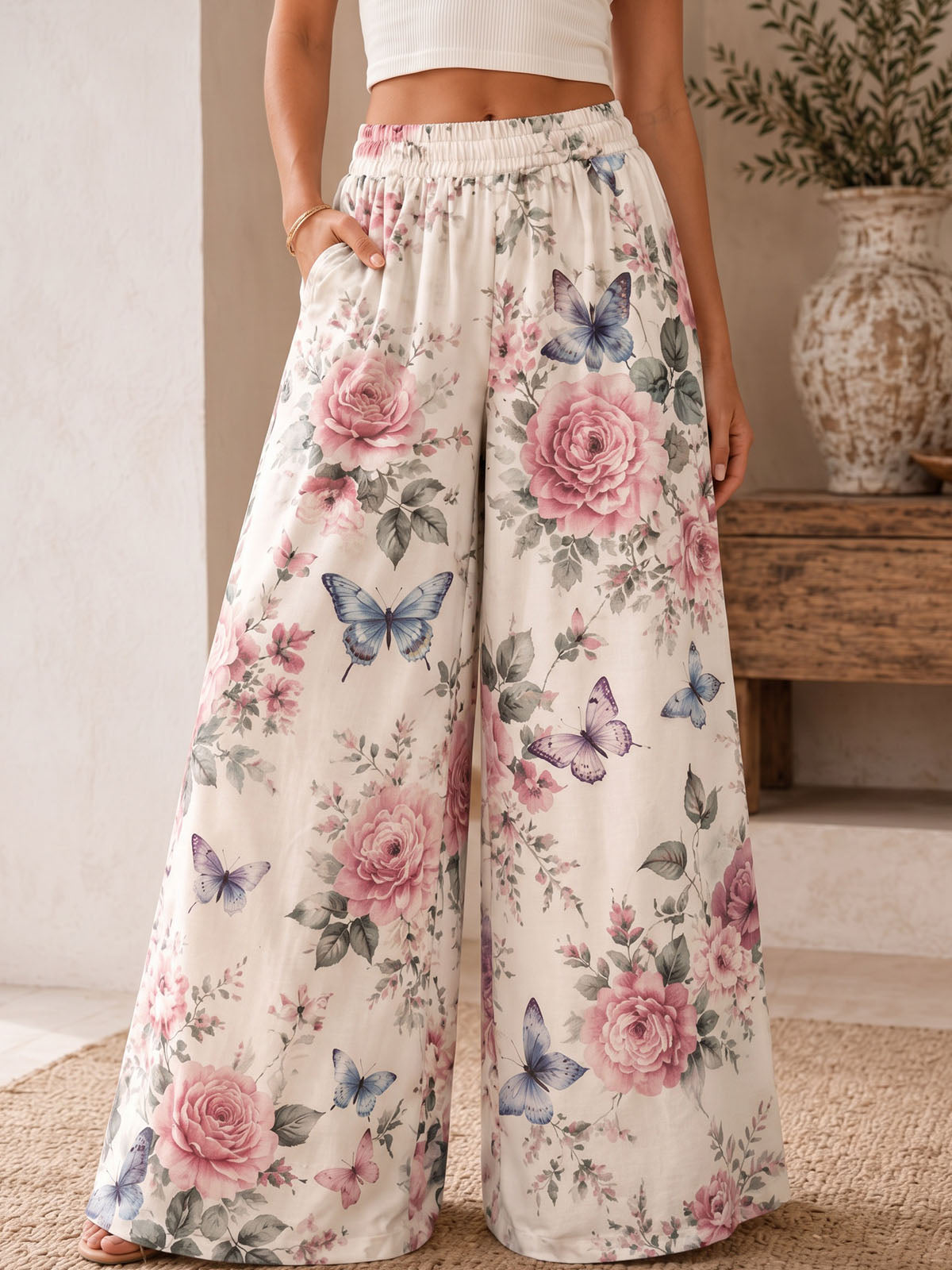 Breezy High Waist Wide Leg Tropical Print Resort Palazzo Pants