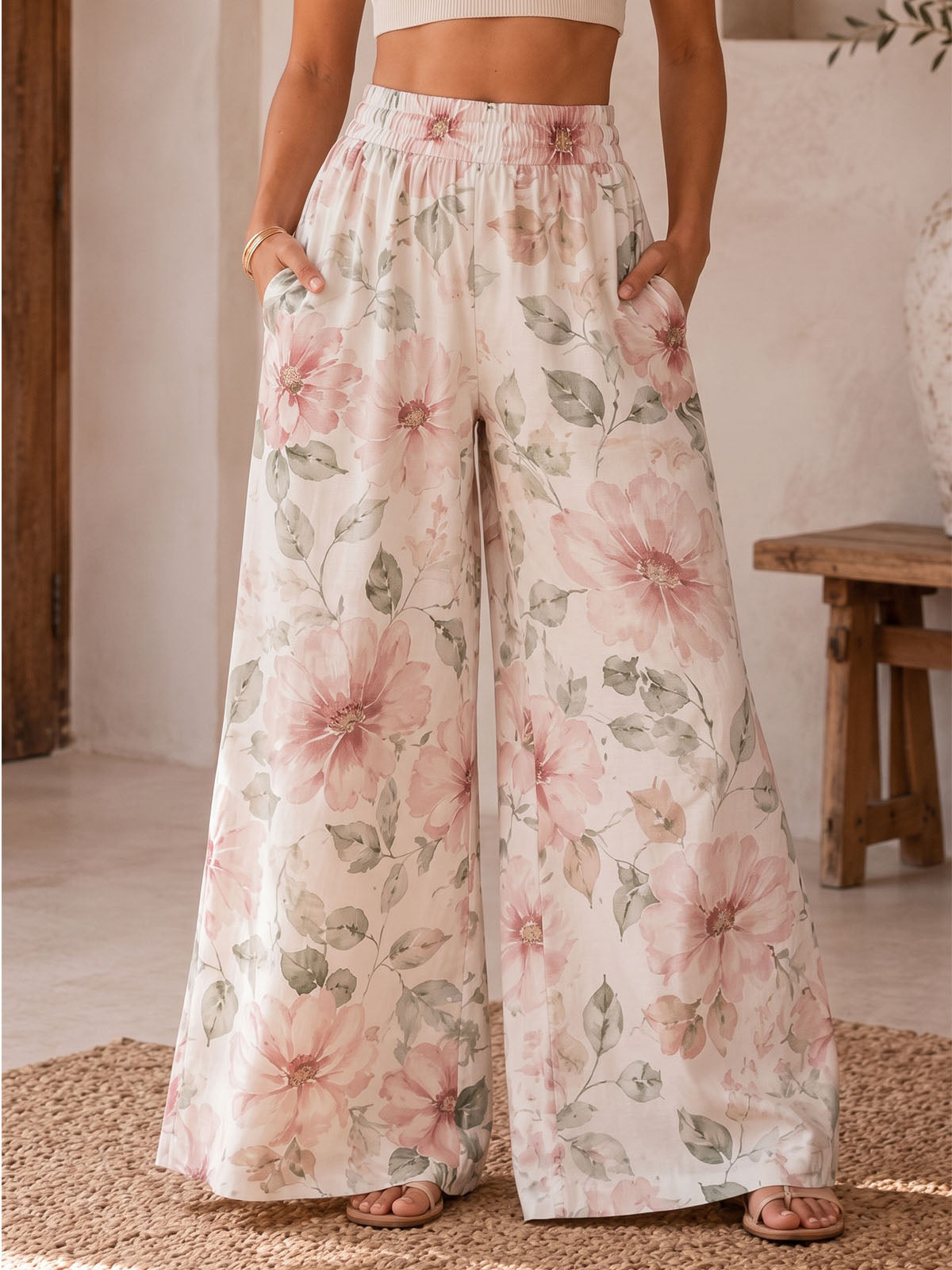 Breezy High Waist Wide Leg Tropical Print Resort Palazzo Pants