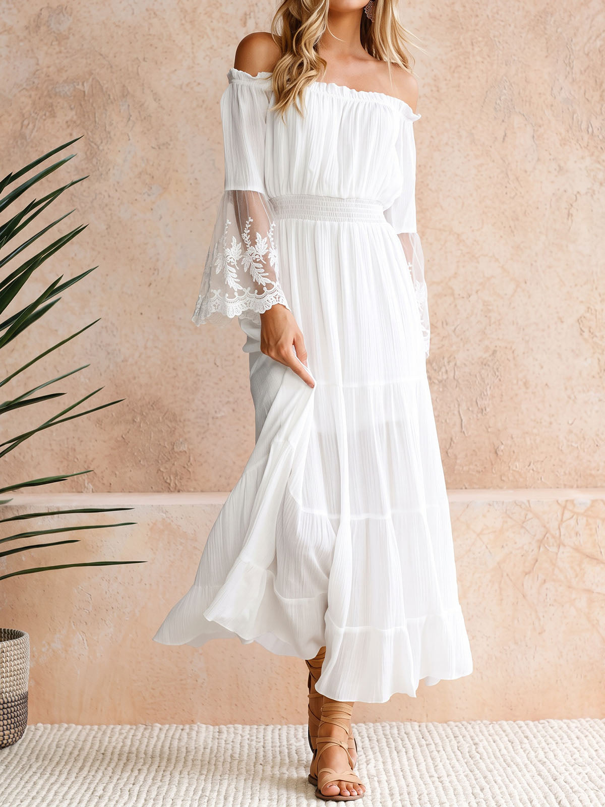 Breezy Off Shoulder Lace Trim Bell Sleeve Resort Tiered Maxi Dress