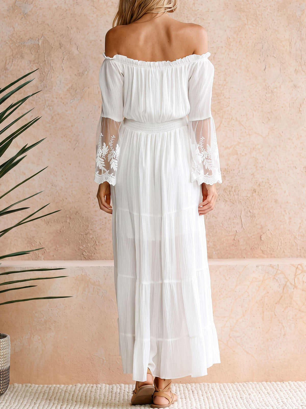 Breezy Off Shoulder Lace Trim Bell Sleeve Resort Tiered Maxi Dress