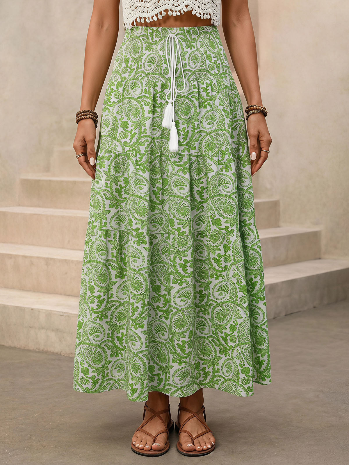 Breezy Paisley Print Smocked High Waist Resort Tiered Midi Skirt