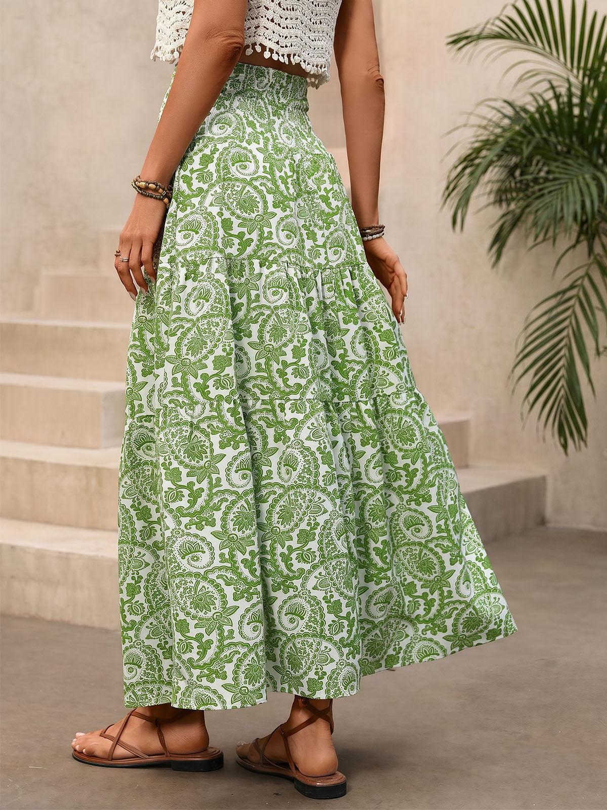 Breezy Paisley Print Smocked High Waist Resort Tiered Midi Skirt