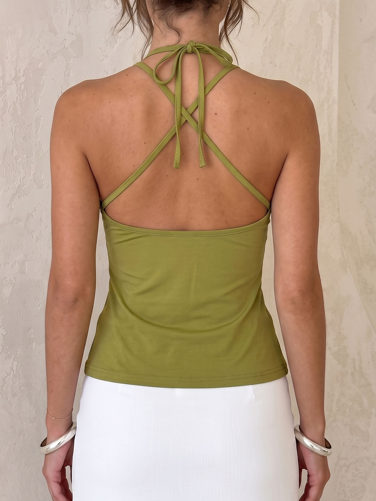 Breezy Ruched Plunge Halter Cross Back Resort Crop Tank Top