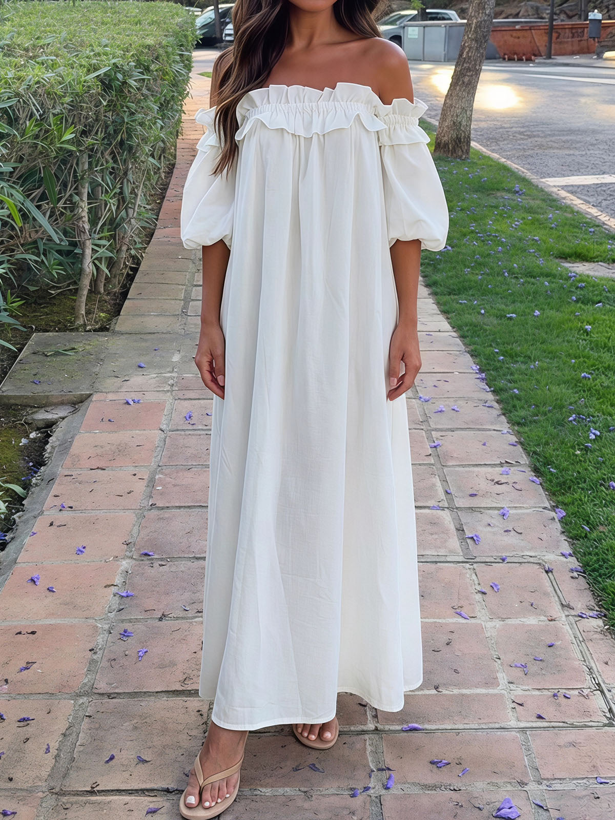 Breezy Ruffle Off Shoulder Oversized Resort Lined Cotton Midi Dress