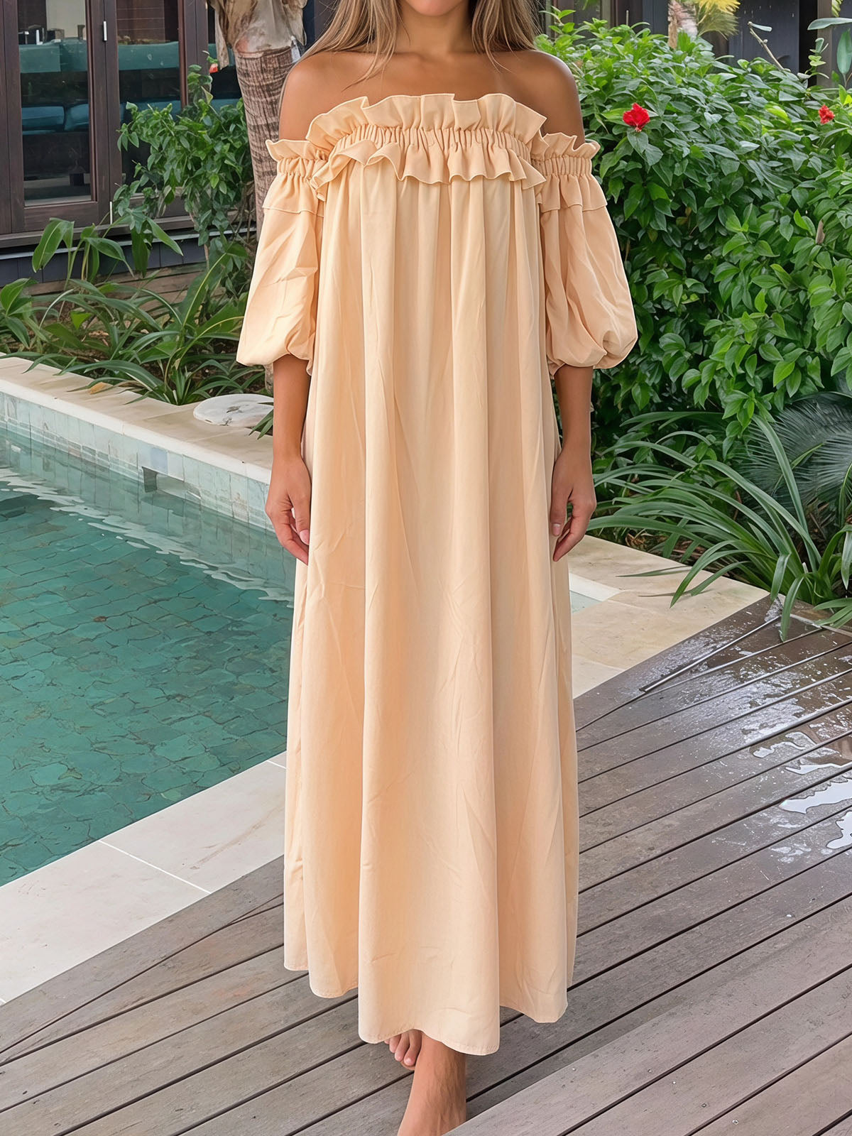 Breezy Ruffle Off Shoulder Oversized Resort Lined Cotton Midi Dress