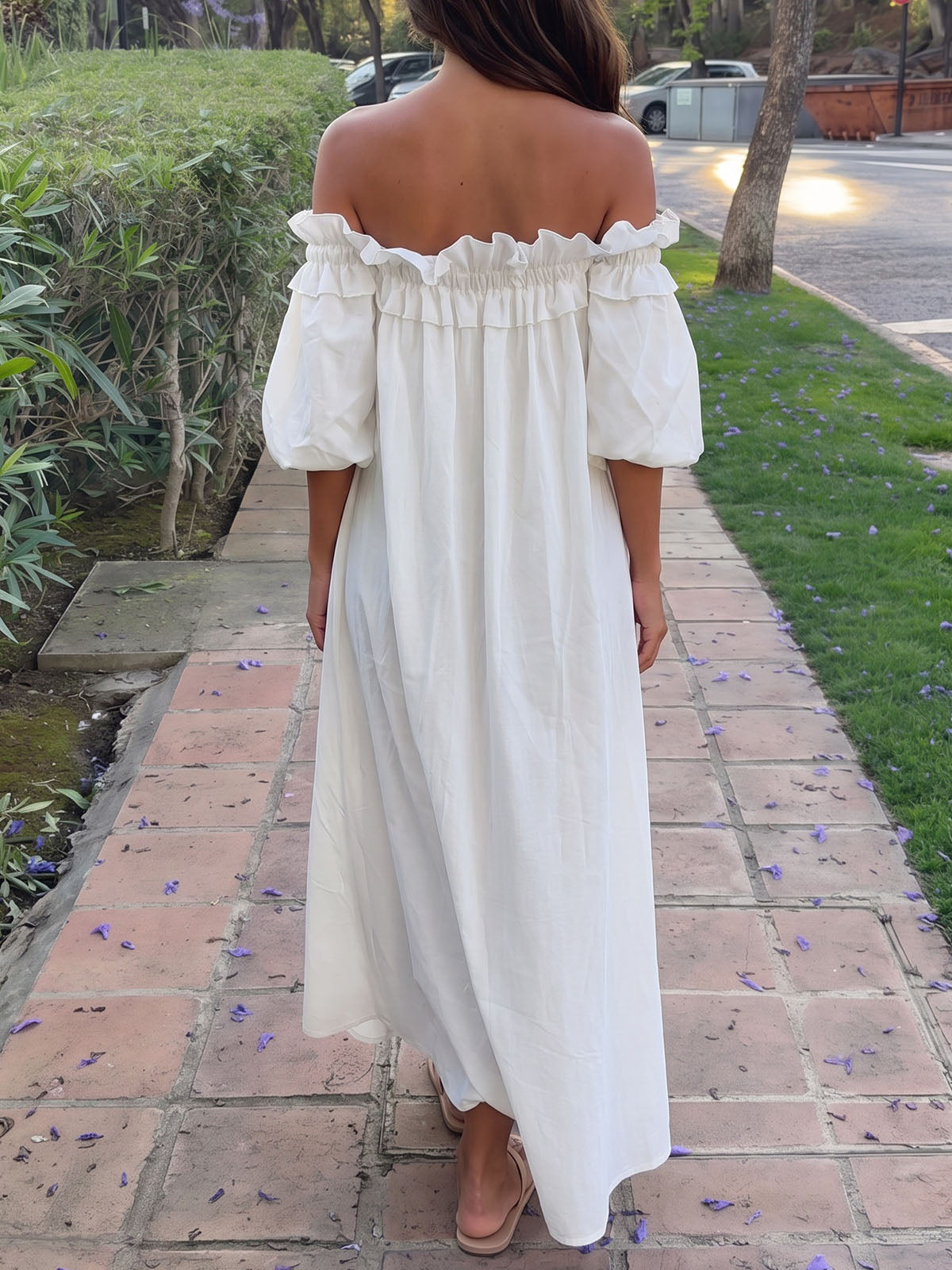 Breezy Ruffle Off Shoulder Oversized Resort Lined Cotton Midi Dress