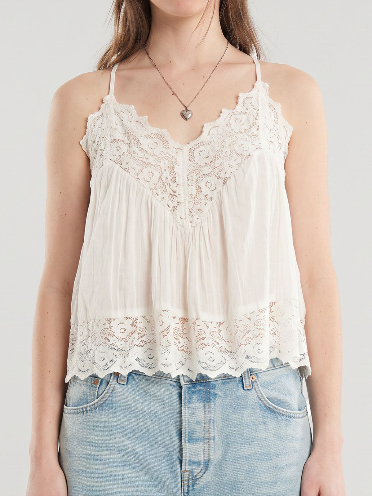 Breezy V Neck Floral Lace Panel Spaghetti Strap Resort Cami Tank Top