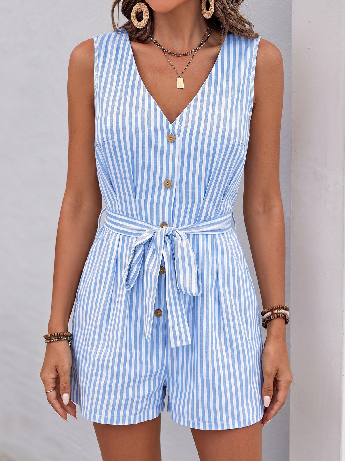 Casual Contrast Striped V Neck Button Up Belted Resort Wide Leg Romper