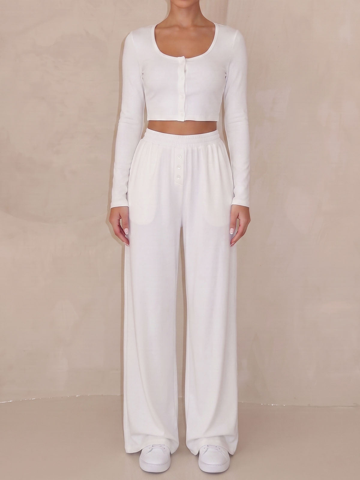 Casual Long Sleeve Button Up Crop Resort Two Piece Wide Leg Pant Set
